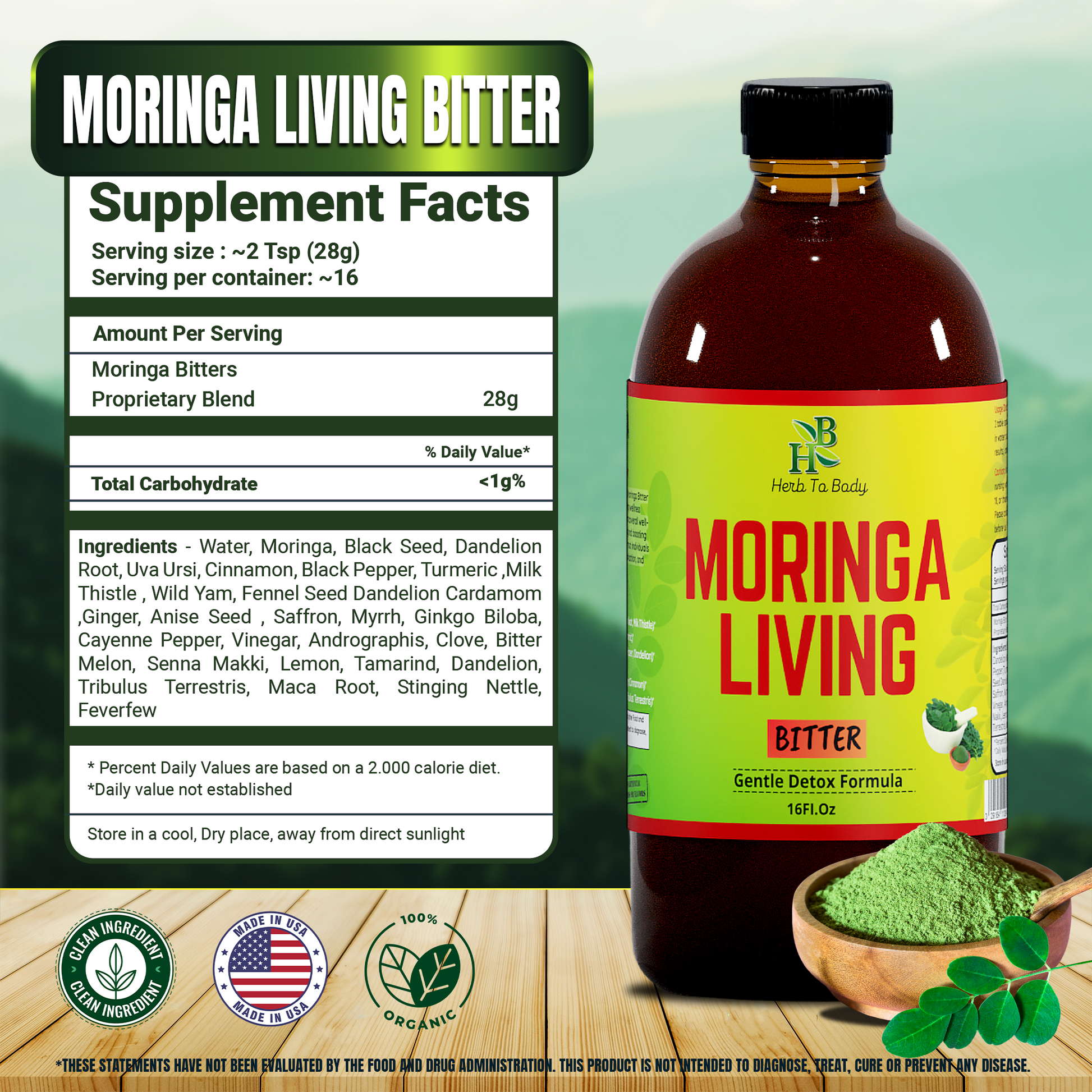Moringa Living Bitter 16oz | Plant Based Liquid Superfood