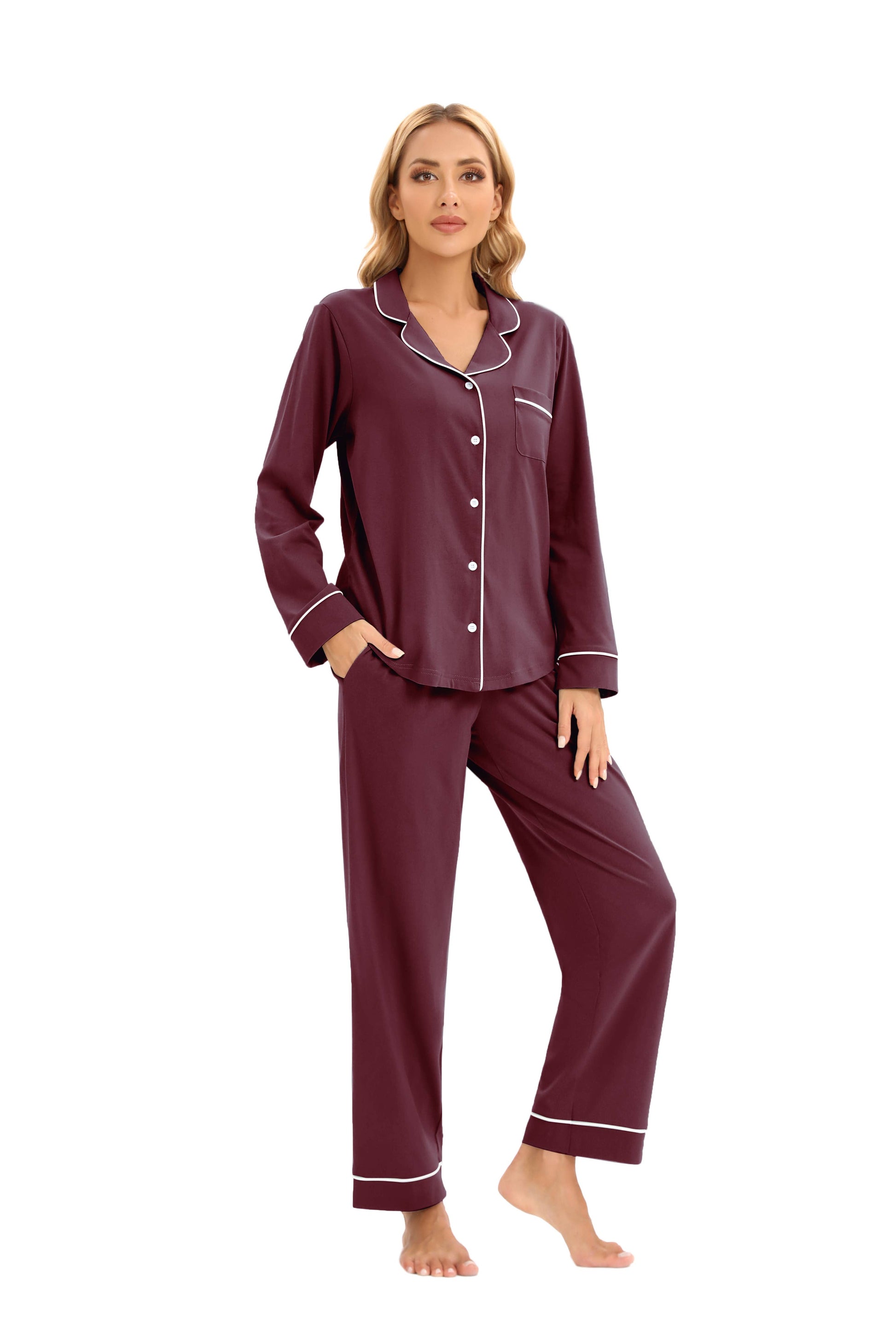 Women's 100%Cotton Multiple Colored Long Sleeve Pajamas Set