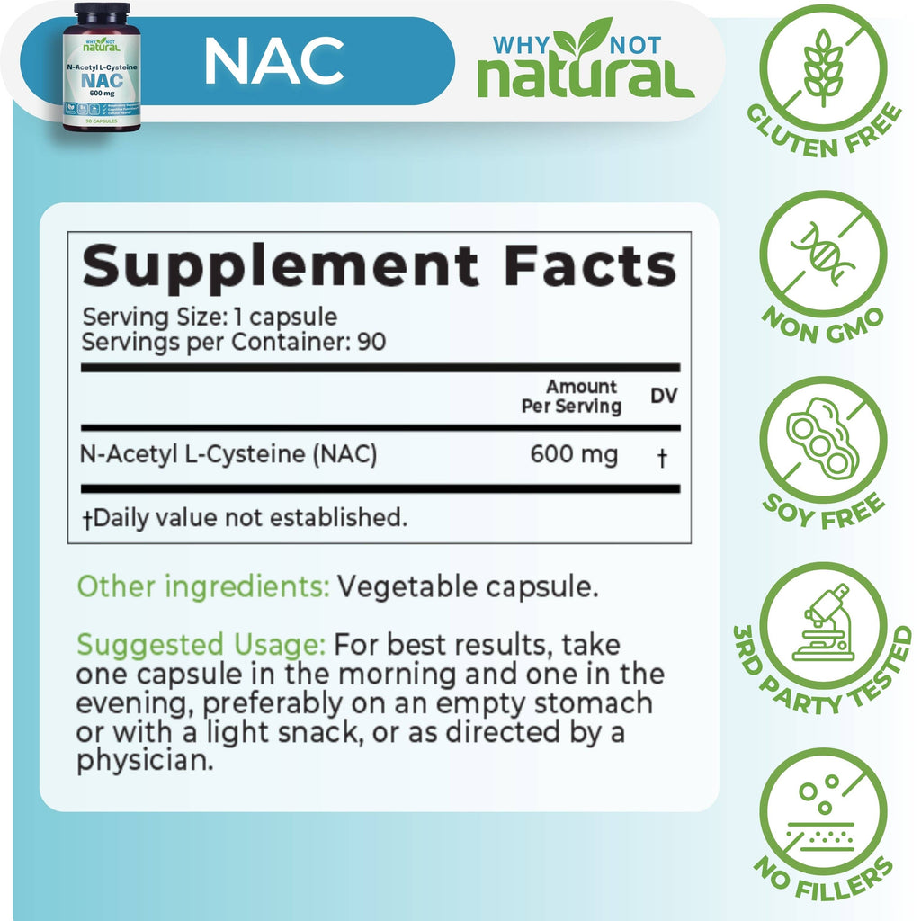 Why Not Natural NAC Supplement 600 mg, n-Acetyl cysteine Capsules