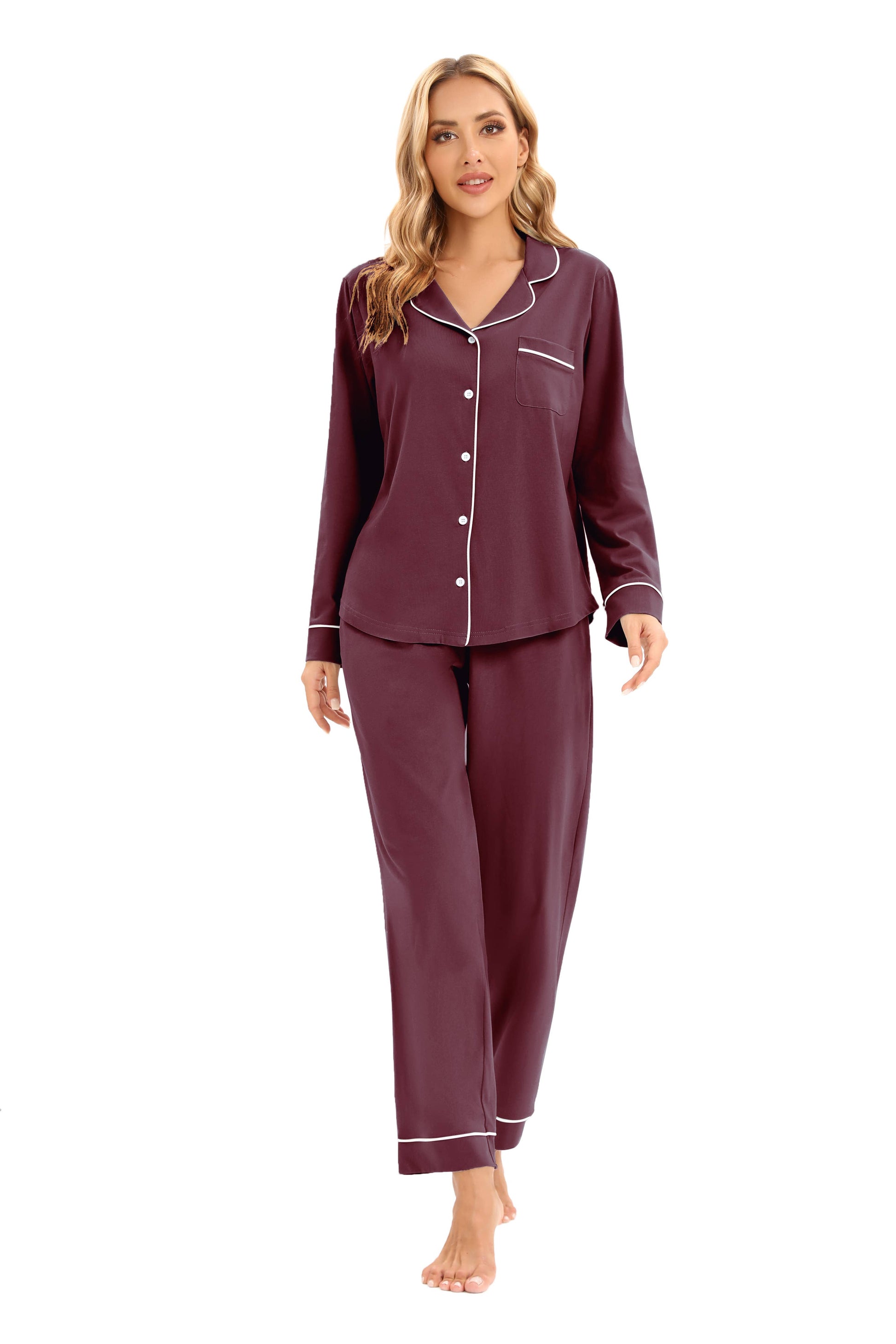 Women's 100%Cotton Multiple Colored Long Sleeve Pajamas Set